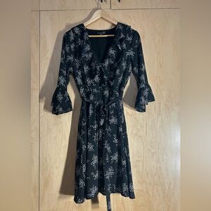 Smashed Lemon Black Floral Print Dress with Bell Sleeves and Ruffled Neckline
